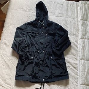 Betsey Johnson Black L/XL Hooded Packable Raincoat Anorak Heart Buttons